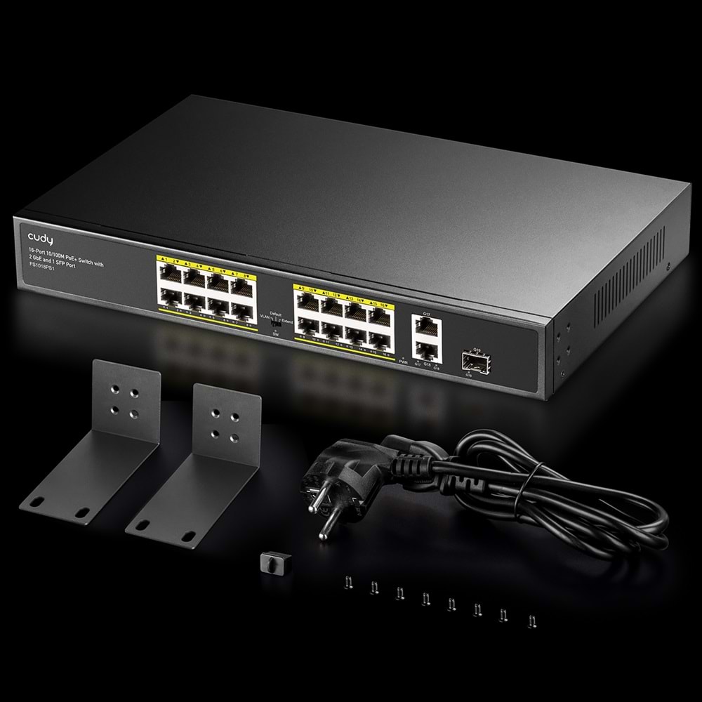 CUDY FS1018PS1 16 Port 10/100 Yönetilemez +2 Port Gb. 1 SFP (1GB) Rack mount (16 Port Poe+) 200W Swi