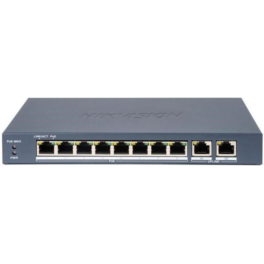 HIKVISION DS-3E1310P-EI/M 10 Port Mbit 8 Port PoE 60W 2xGbit Uplink Desktop Yönetilemez Metal Kasa Switch