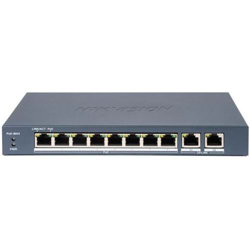 HIKVISION DS-3E1310P-EI/M 10 Port Mbit 8 Port PoE 60W 2xGbit Uplink Desktop Yönetilemez Metal Kasa Switch