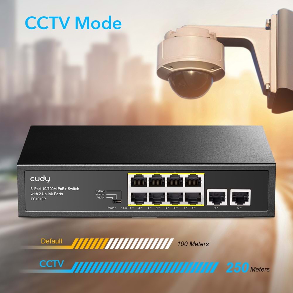 8 PORT CUDY FS1010PG 10/100Mbps 8 Port PoE+ 120W 2xGigabit Uplink Desktop Yönetilemez Metal Kasa Switch