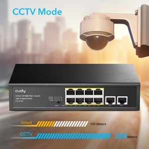 8 PORT CUDY FS1010PG 10/100Mbps 8 Port PoE+ 120W 2xGigabit Uplink Desktop Yönetilemez Metal Kasa Switch