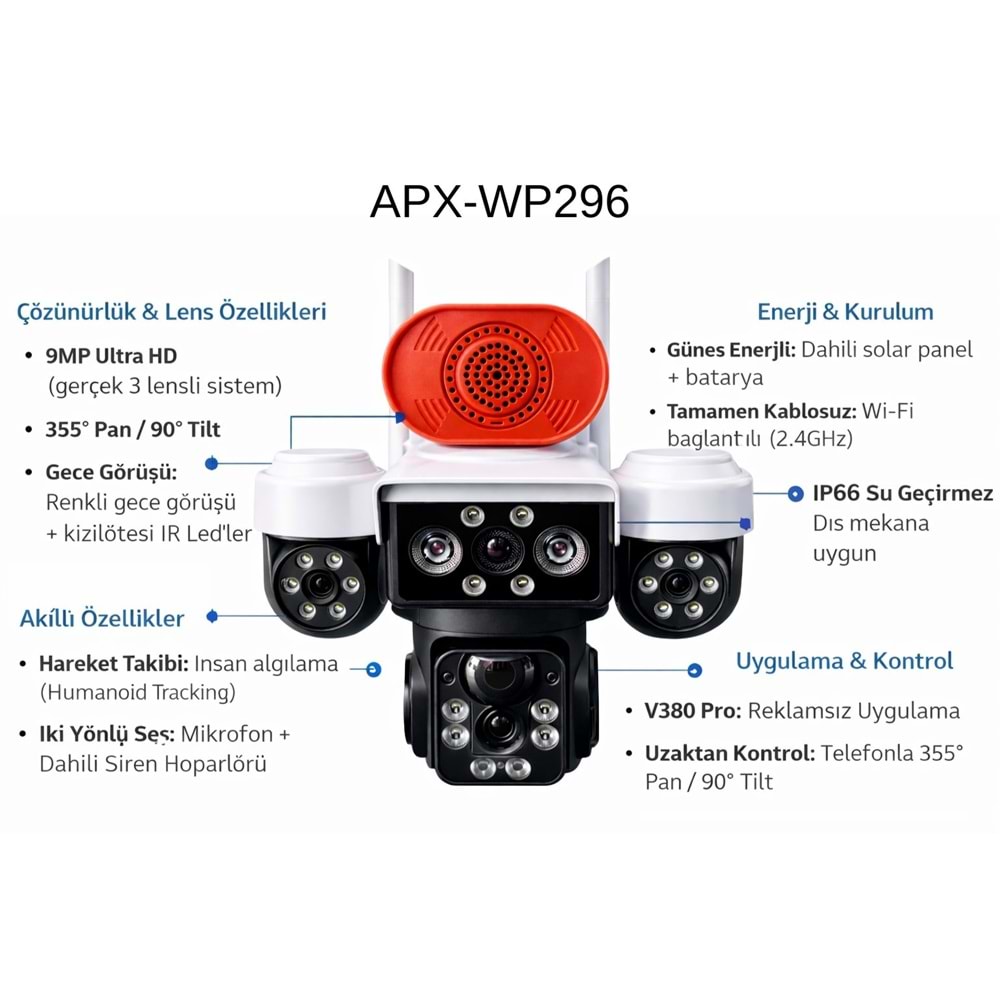 APRONX APX-WP296 9MP 3.6mm Solar Wi-Fi Kamera