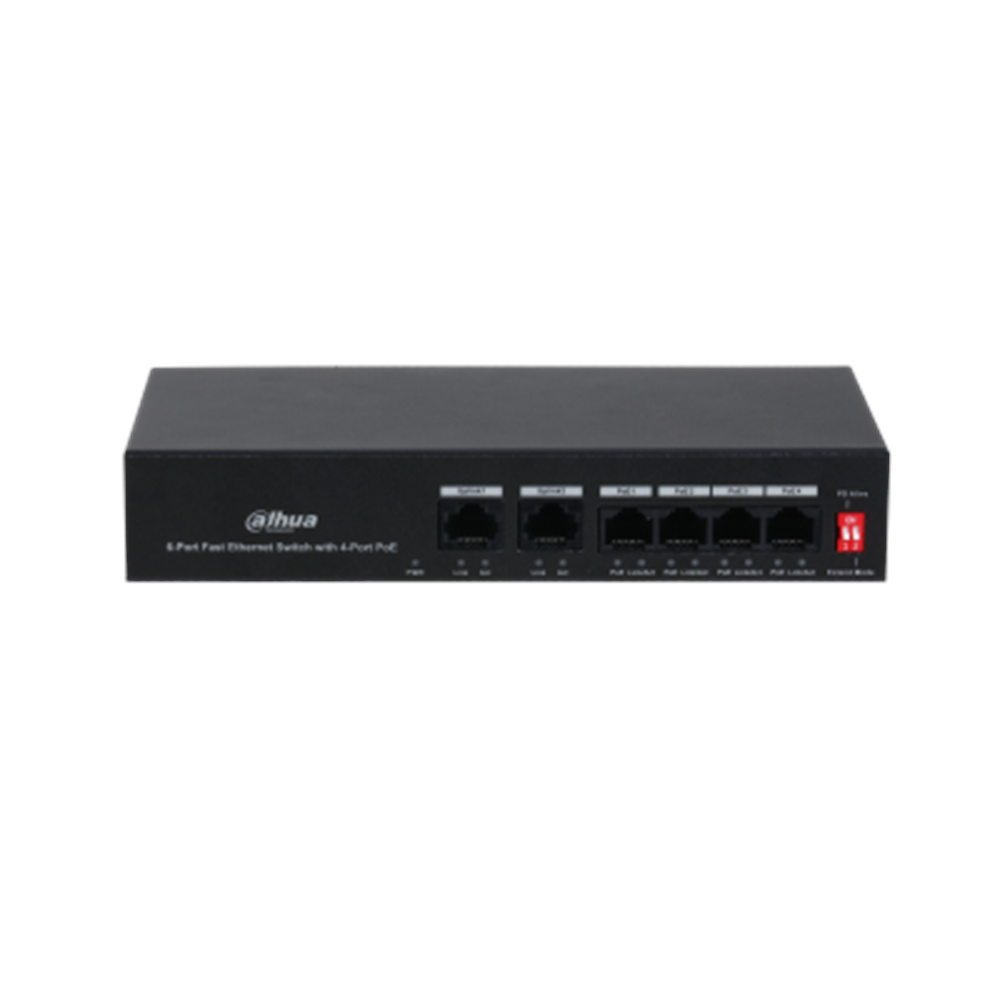 DAHUA DH-PFS3006-4ET-36 6 Port Mbit 4 Port PoE 36W 2xMbit Uplink Desktop Yönetilemez Switch